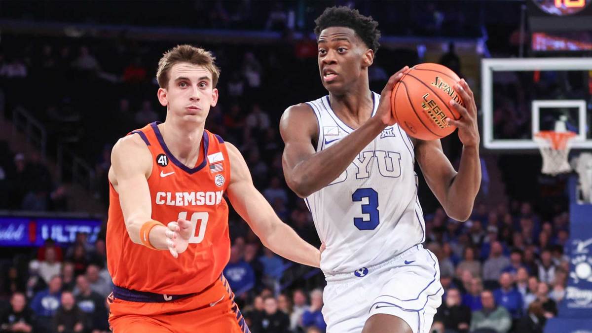 BYU Cougars forward AJ Dybantsa (3) drives past Clemson Tigers forward Jake Wahlin (10) in the first half at Madison Square Garden.