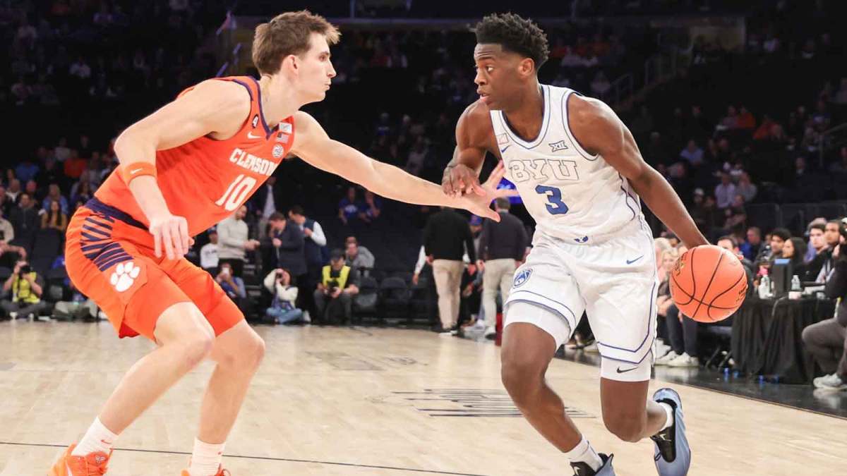 BYU Cougars forward AJ Dybantsa (3) looks to drive past Clemson Tigers forward Jake Wahlin (10) in the first half at Madison Square Garden.