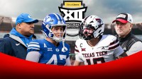: Bear Bachmeier and Kalani Sitake on the left, Jacob Rodriguez and Joey McGuire on the right. Big 12 Championship logo behind it.