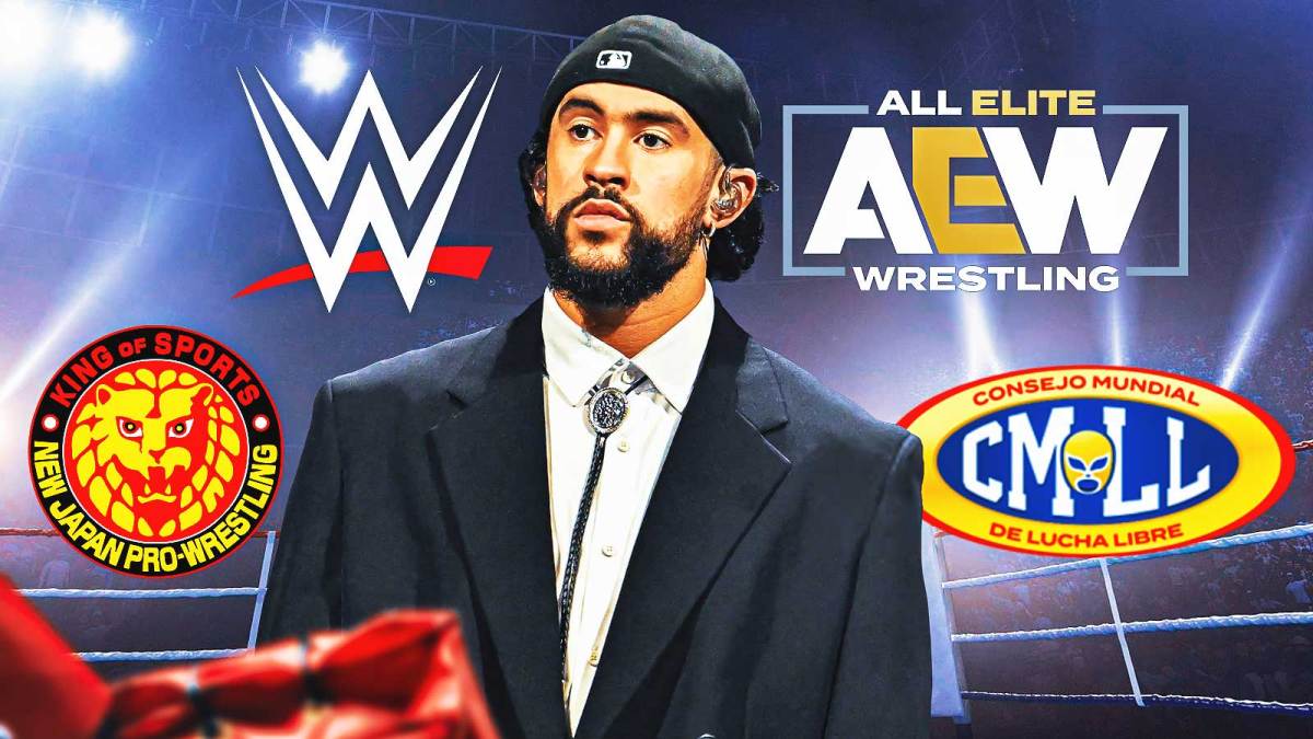 Bad Bunny with WWE, AEW, CMLL, and NJPW logos