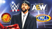 Bad Bunny with WWE, AEW, CMLL, and NJPW logos