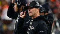 Baltimore Ravens head coach John Harbaugh stands on the sidelines during the second quarter against the Cleveland Browns at Huntington Bank Field.