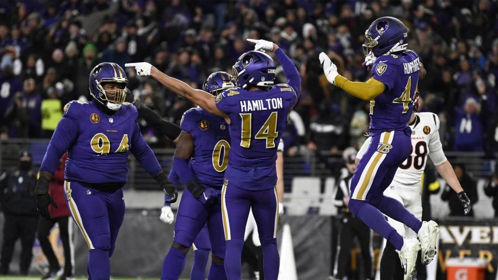 Baltimore Ravens safety Kyle Hamilton (14) reacts against the Cincinnati Bengals during the first half at M&T Bank Stadium.