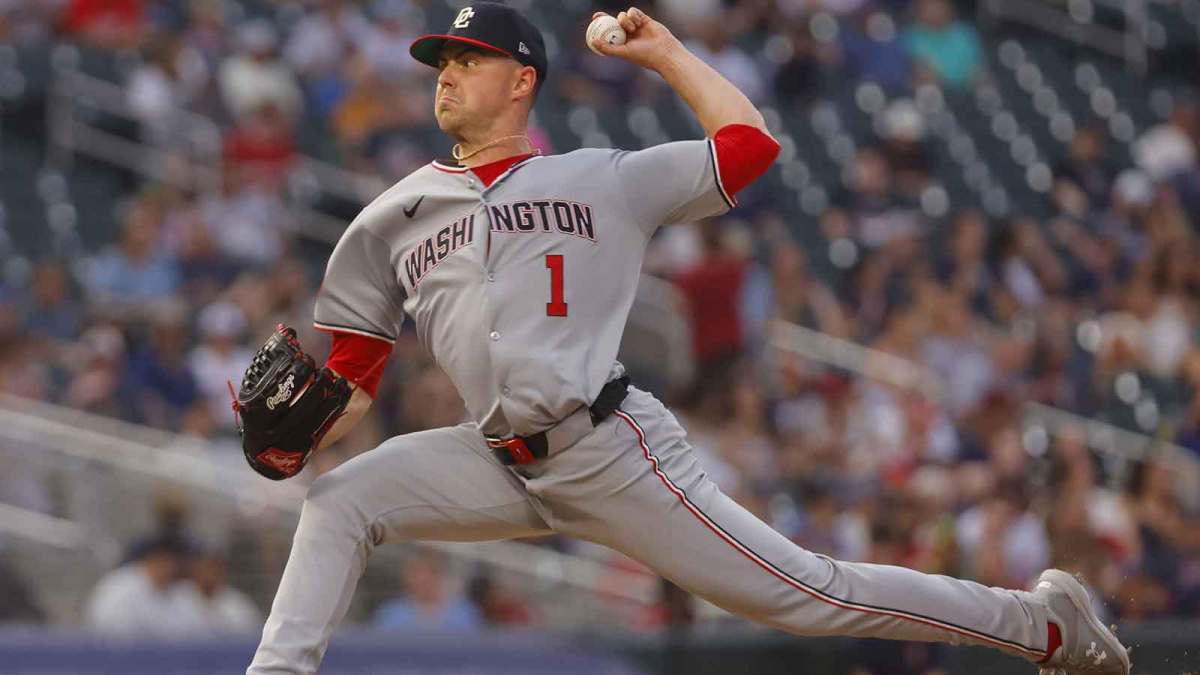 Washington Nationals starting pitcher MacKenzie Gore (1) throws to the Minnesota Twins in the fifth inning at Target Field.