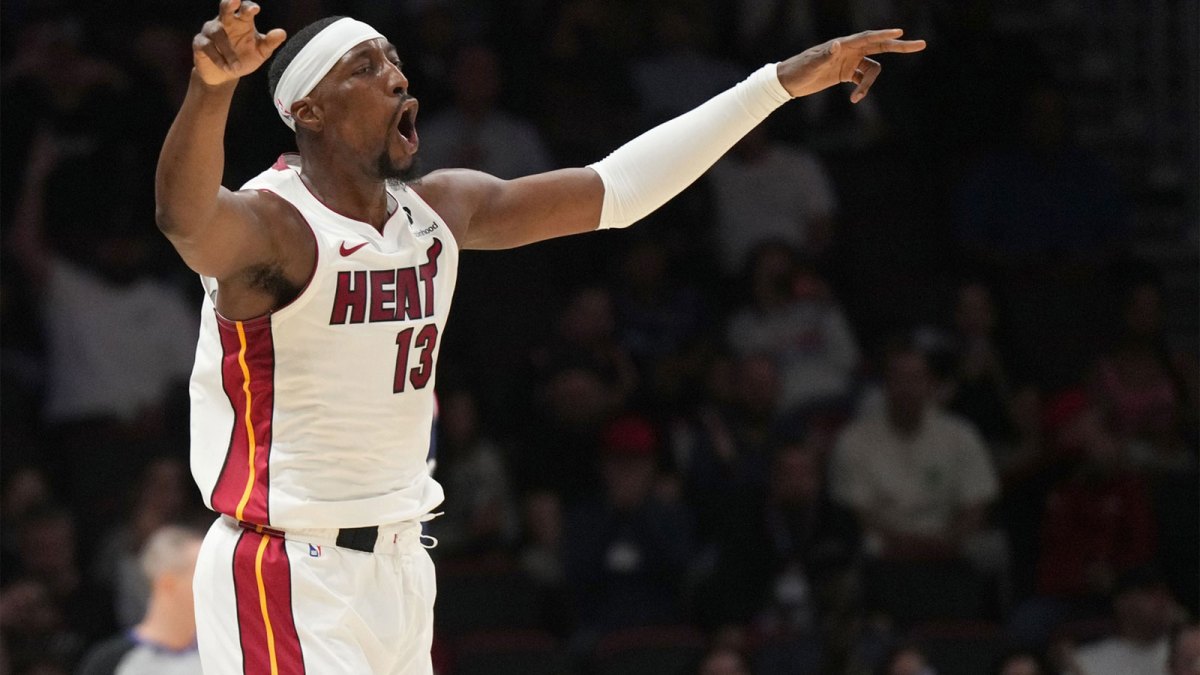 Miami Heat center Bam Adebayo (13) celebrates a three-pointer during the first half against the Los Angeles Clippers at Kaseya Center.