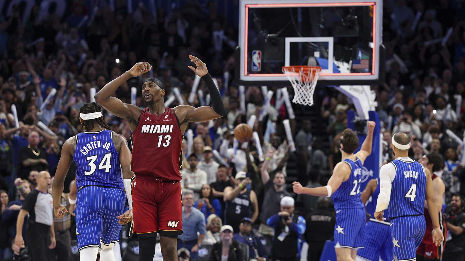 Miami Heat center Bam Adebayo (13) reacts after loosing to the Orlando Magic at Kia Center. 