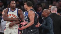New York Knicks forward Og Anunoby (8) argues with Orlando Magic guard Desmond Bane (3) in the fourth quarter at Madison Square Garden.