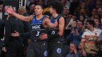 Orlando Magic guard Desmond Bane (3) reacts to a call in the fourth quarter against the New York Knicks at Madison Square Garden.