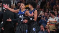 Orlando Magic guard Desmond Bane (3) reacts to a call in the fourth quarter against the New York Knicks at Madison Square Garden.