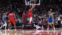 Toronto Raptors forward Scottie Barnes (4) scores a basket against the Golden State Warriors during the fourth quarter at Scotiabank Arena.