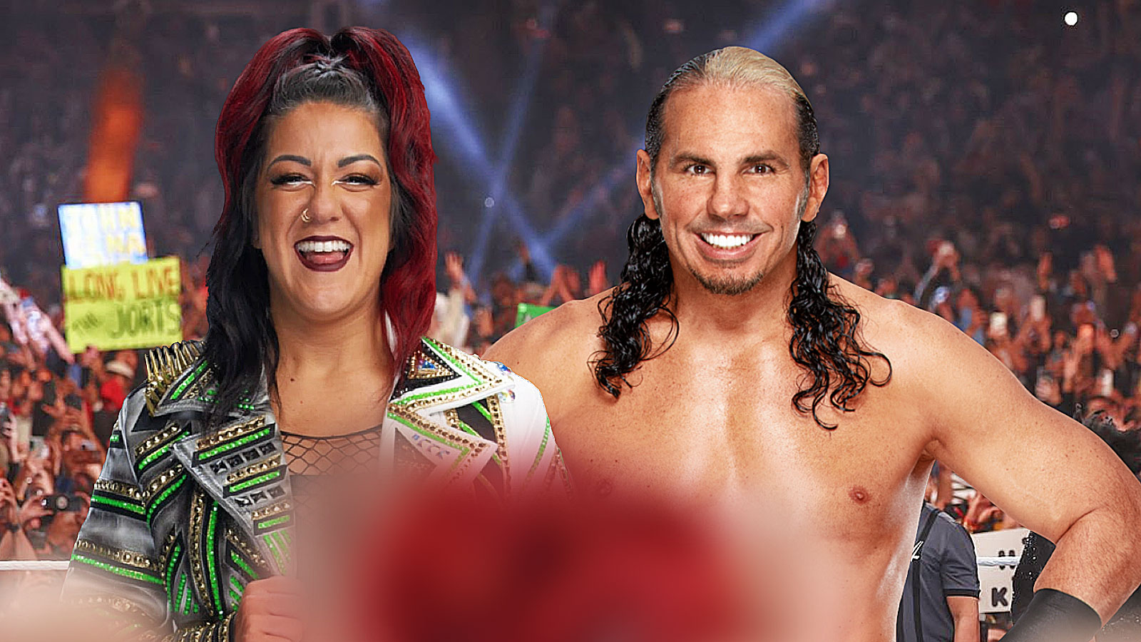WWE icons Bayley and Matt Hardy with wrestling show crowd background.