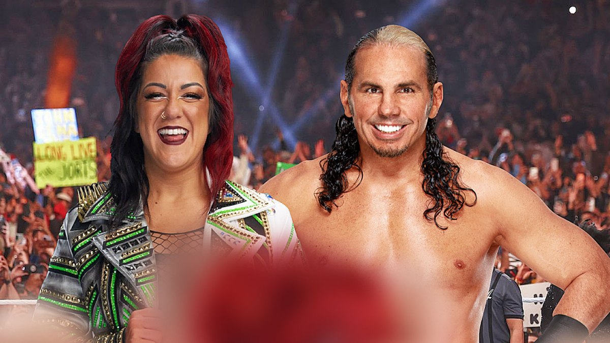 WWE icons Bayley and Matt Hardy with wrestling show crowd background.
