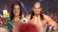 WWE icons Bayley and Matt Hardy with wrestling show crowd background.