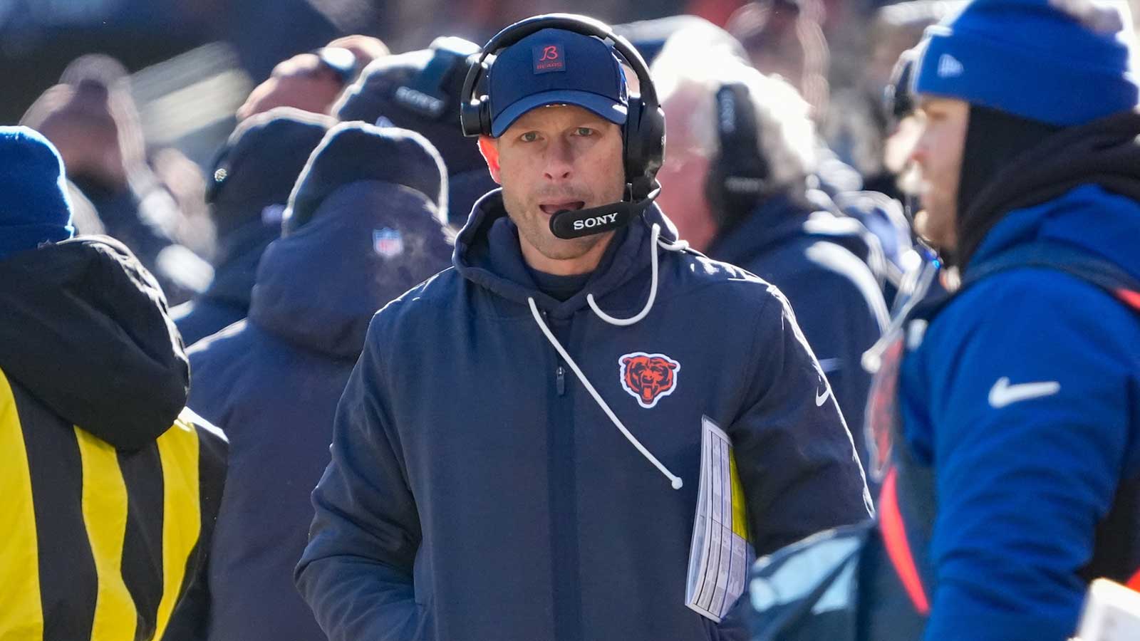 Chicago Bears head coach Ben Johnson walks along the sideline during the first quarter against the Cleveland Browns at Soldier Field.