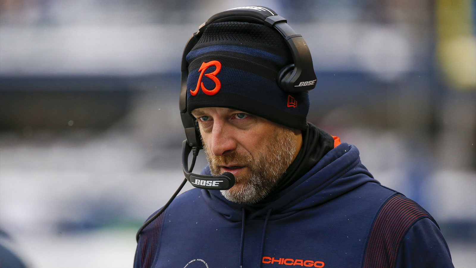 Chicago Bears head coach Matt Nagy stands on the sideline during the second quarter at Lumen Field.