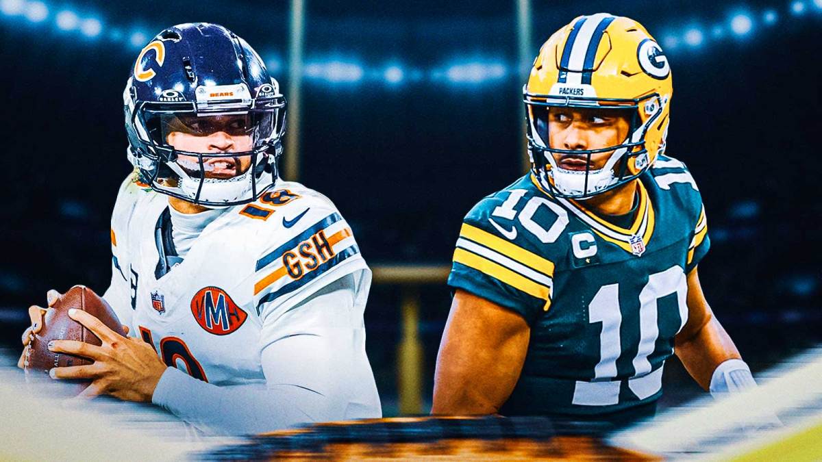 Caleb Williams and Jordan Love beside each other, Fieworks in the background