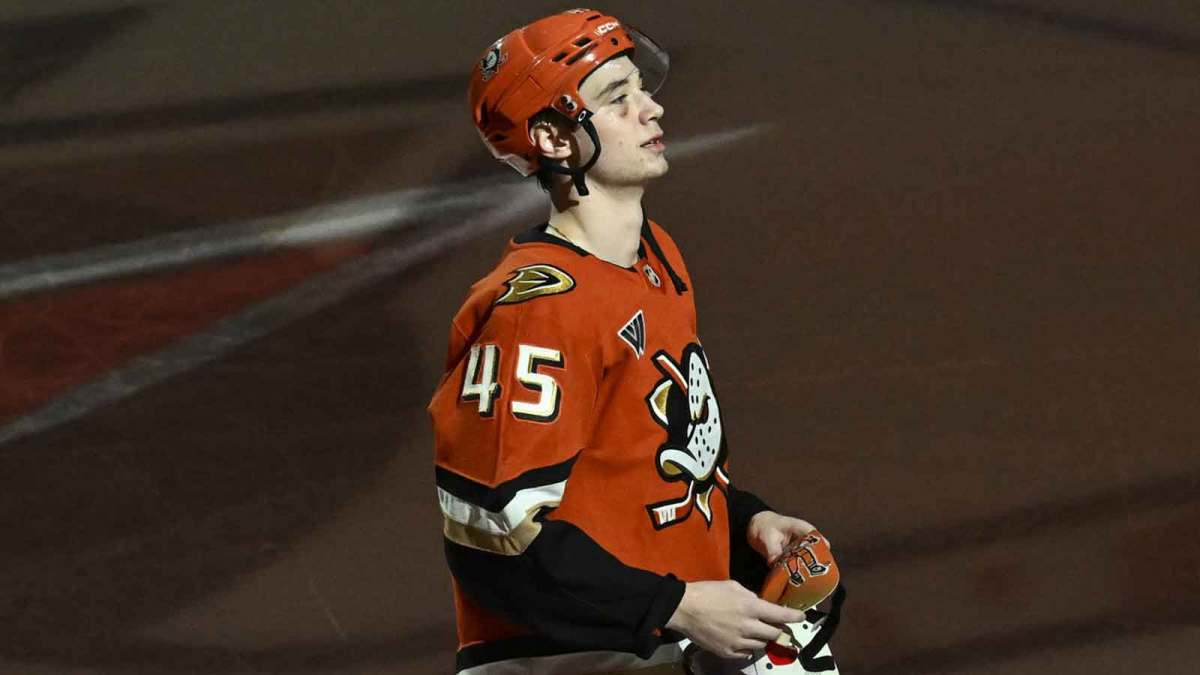 Star of the Game Anaheim Ducks right wing Beckett Sennecke (45) is seen on the ice after a win over the Washington Capitals at Honda Center.