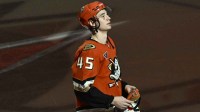Star of the Game Anaheim Ducks right wing Beckett Sennecke (45) is seen on the ice after a win over the Washington Capitals at Honda Center.