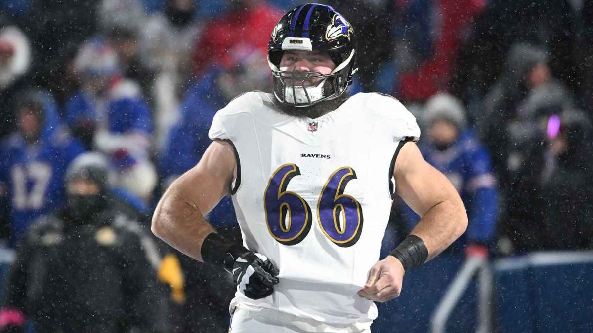 Baltimore Ravens guard Ben Cleveland (66) looks on during warm ups before the game against the Buffalo Bills in a 2025 AFC divisional round game at Highmark Stadium.