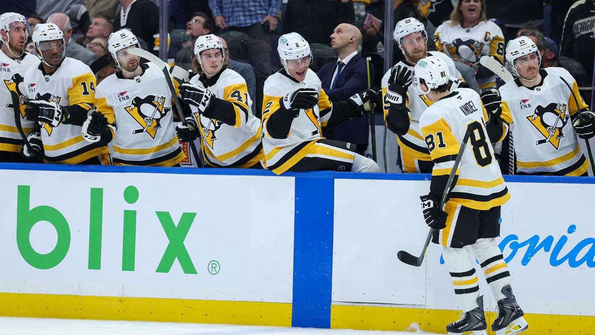 Pittsburgh Penguins center Ben Kindel (81) celebrates after scoring a goal against the Tampa Bay Lightning in the first period at Benchmark International Arena.