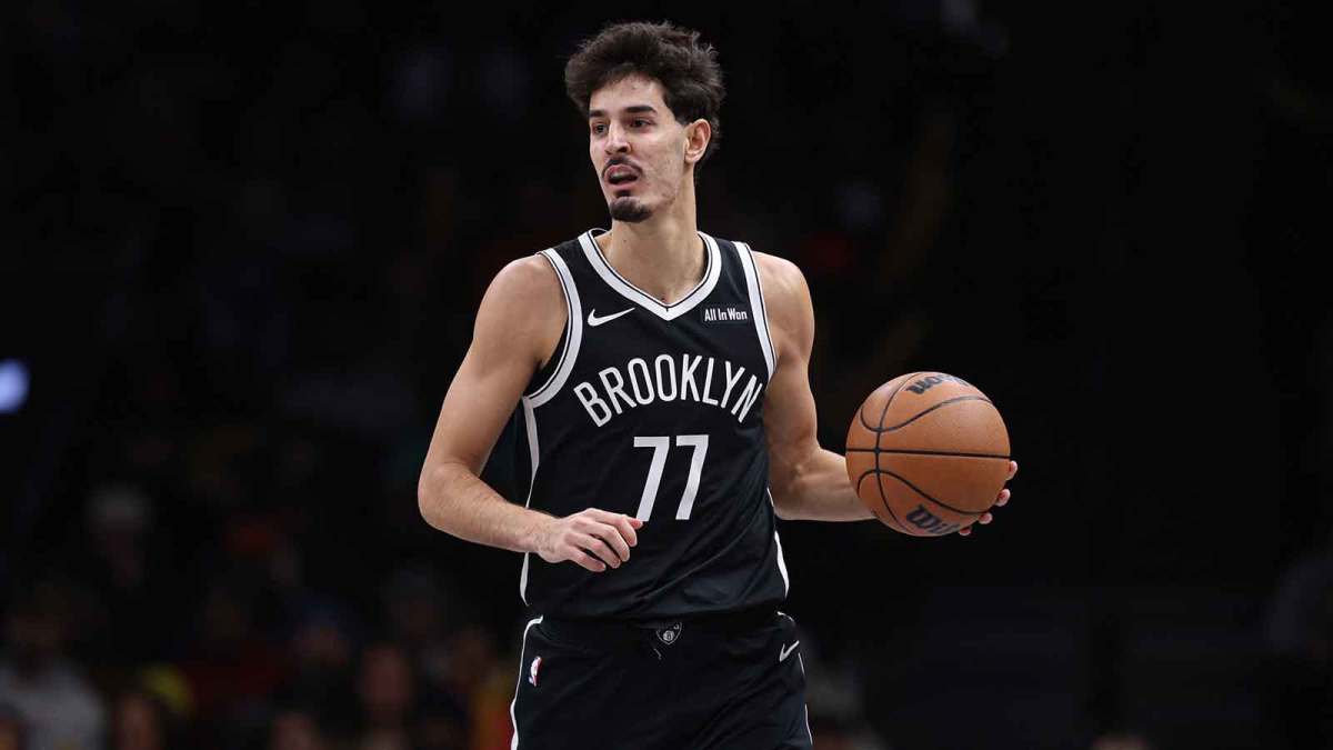 Brooklyn Nets guard Ben Saraf (77) dribbles up court during the second half against the New Orleans Pelicans at Barclays Center.