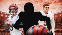 Mystery player in the middle, Joe Burrow, Trey Hendrickson around him, Cincinnati Bengals wallpaper in the background