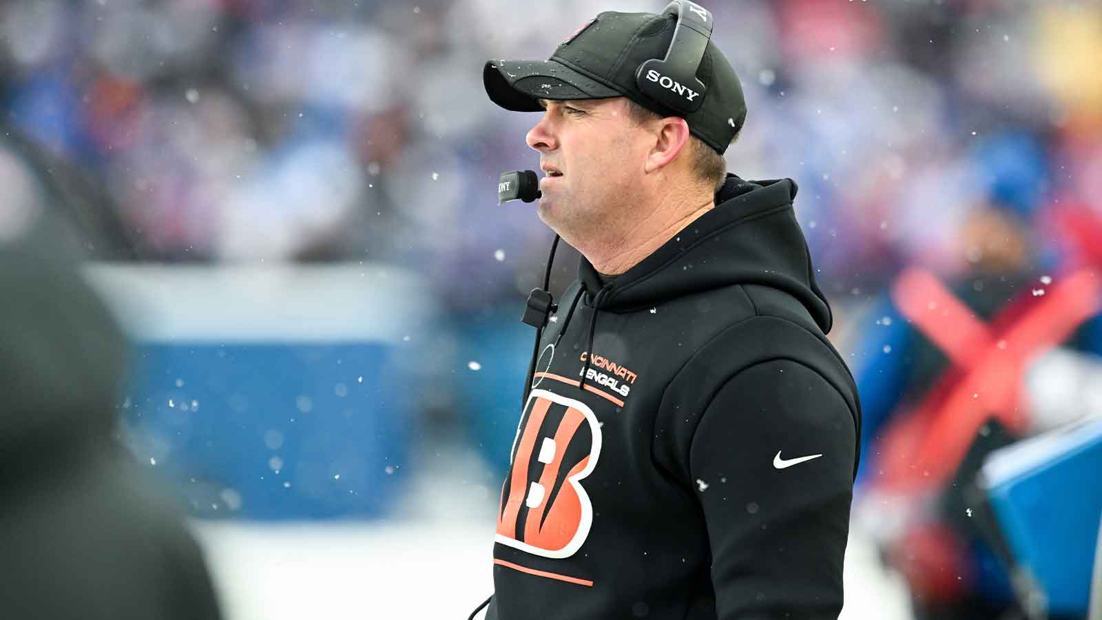 Cincinnati Bengals head coach Zac Taylor looks on in the third quarter against the Buffalo Bills at Highmark Stadium.