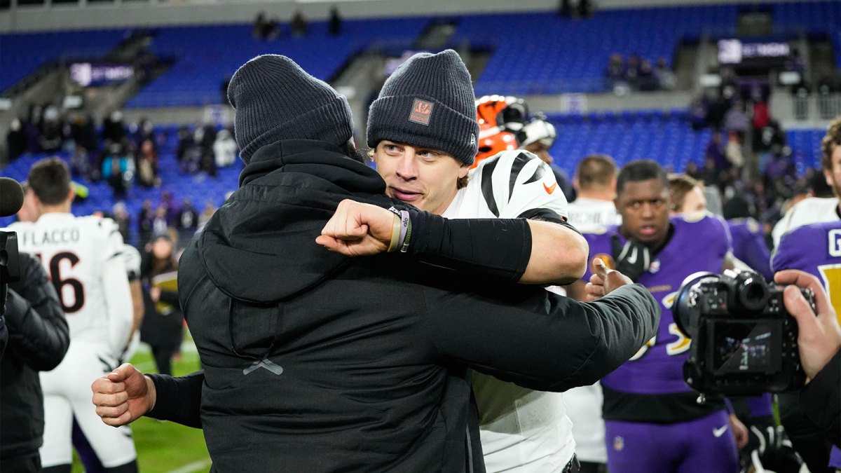 Bengals Joe Burrow (9) celebrates their victory after their game against the Ravens at M&T Bank Stadium on Thanksgiving Thursday November 27, 2025. The Bengals won the game with a final score of 33-14.