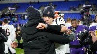 Bengals Joe Burrow (9) celebrates their victory after their game against the Ravens at M&T Bank Stadium on Thanksgiving Thursday November 27, 2025. The Bengals won the game with a final score of 33-14.