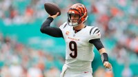 Cincinnati Bengals quarterback Joe Burrow (9) looks to make a pass during the third quarter against the Cincinnati Bengals at Hard Rock Stadium.