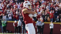 Iowa State Cyclones tight end Benjamin Brahmer (18) catches a touchdown pass in their game with the Kansas Jayhawks during the second half at Jack Trice Stadium.