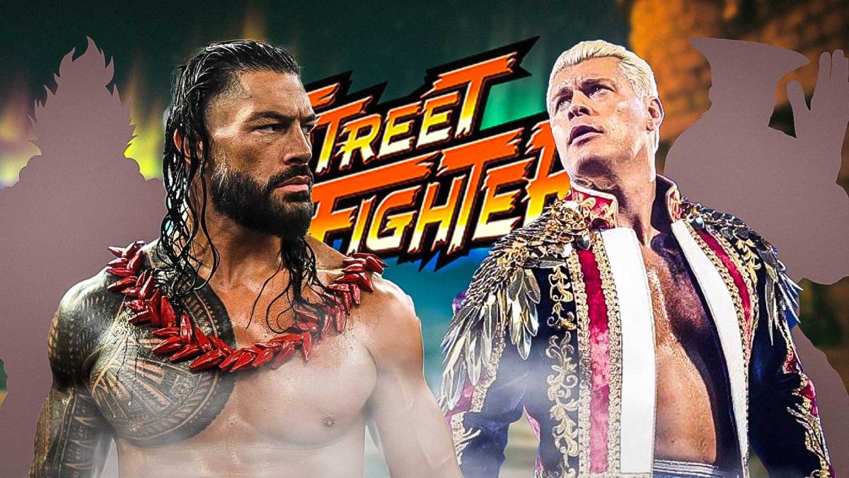 WWE stars Roman Reigns and Cody Rhodes next to their characters in the Street Fighter movie Akuma and Guille.