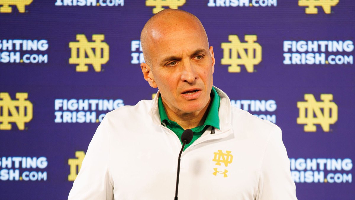Notre Dame athletics director Pete Bevacqua speaks with media at Notre Dame Stadium on Monday, Dec. 17, 2024, in South Bend, Ind.