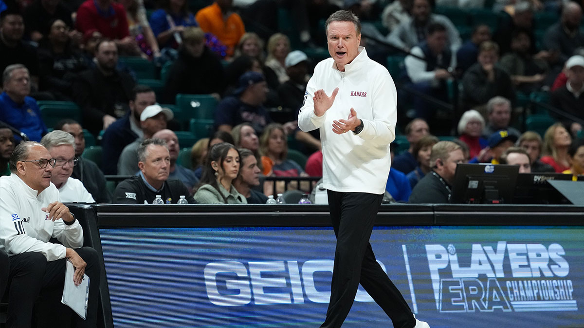 Kansas Jayhawks head coach Bill Self reacts in the second half against the Tennessee Volunteers in the 2025 Players Era Festival third place game at MGM Grand Garden Arena.