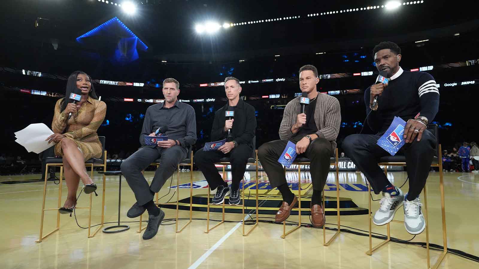 NBA on Amazon announcers (from left) Taylor Rooks, Dirk Nowitzki, Steve Nash, Blake Griffin and Udonis Haslem during the Emirates NBA Cup semifinals at T-Mobile Arena