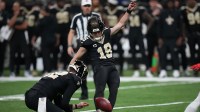 New Orleans Saints place kicker Blake Grupe (19) kicks a field goal against the Atlanta Falcons during the second half at Caesars Superdome.