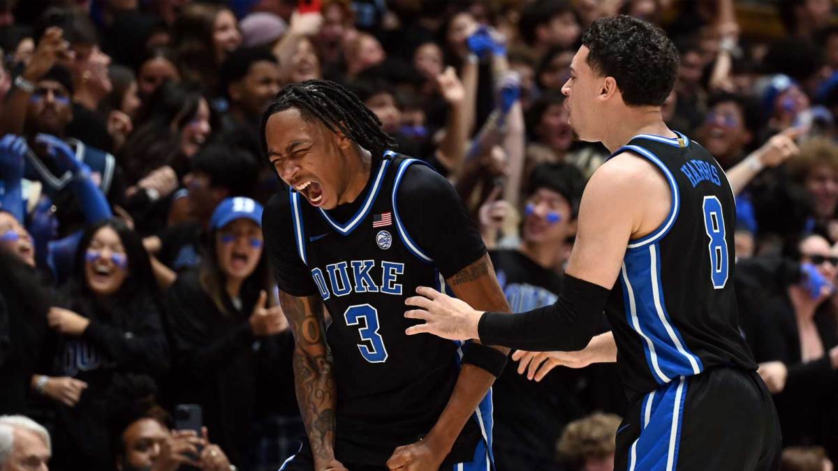Duke Blue Devils forward Isaiah Evans (3) reacts after making a shot to take the lead during the second half against the Florida Gators at Cameron Indoor Stadium. The Blue Devils won 67-66.