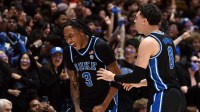 Duke Blue Devils forward Isaiah Evans (3) reacts after making a shot to take the lead during the second half against the Florida Gators at Cameron Indoor Stadium. The Blue Devils won 67-66.