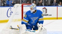 St. Louis Blues goaltender Jordan Binnington (50) defends the net against the Anaheim Ducks during the first period at Enterprise Center.