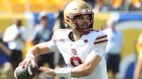 Boston College Eagles quarterback Dylan Lonergan (9) passes against the Pittsburgh Panthers during the second quarter at Acrisure Stadium. Mandatory Credit: Charles LeClaire-Imagn Images
