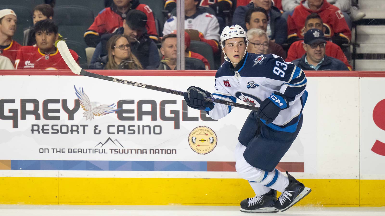 Winnipeg Jets center Brad Lambert (93) skates against the Calgary Flames during the first period at Scotiabank Saddledome.