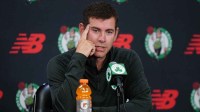 Boston Celtics president of basketball operations Brad Stevens talks to reporters during media day at the Auerbach Center.