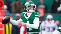 New York Jets quarterback Brady Cook (4) throws the ball during a game against the New England Patriots at MetLife Stadium, Dec 28, 2025, East Rutherford, NJ, USA.