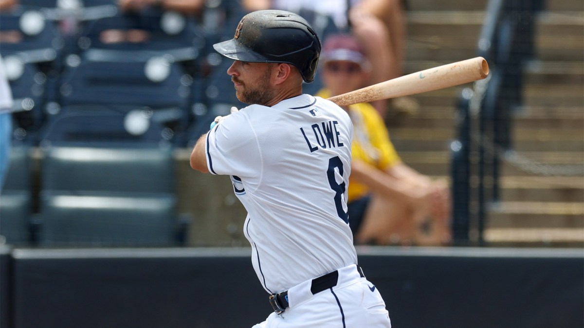 Tampa Bay Rays second baseman Brandon Lowe (8) hits an rbi single against the Toronto Blue Jays in the second inning at George M. Steinbrenner Field.