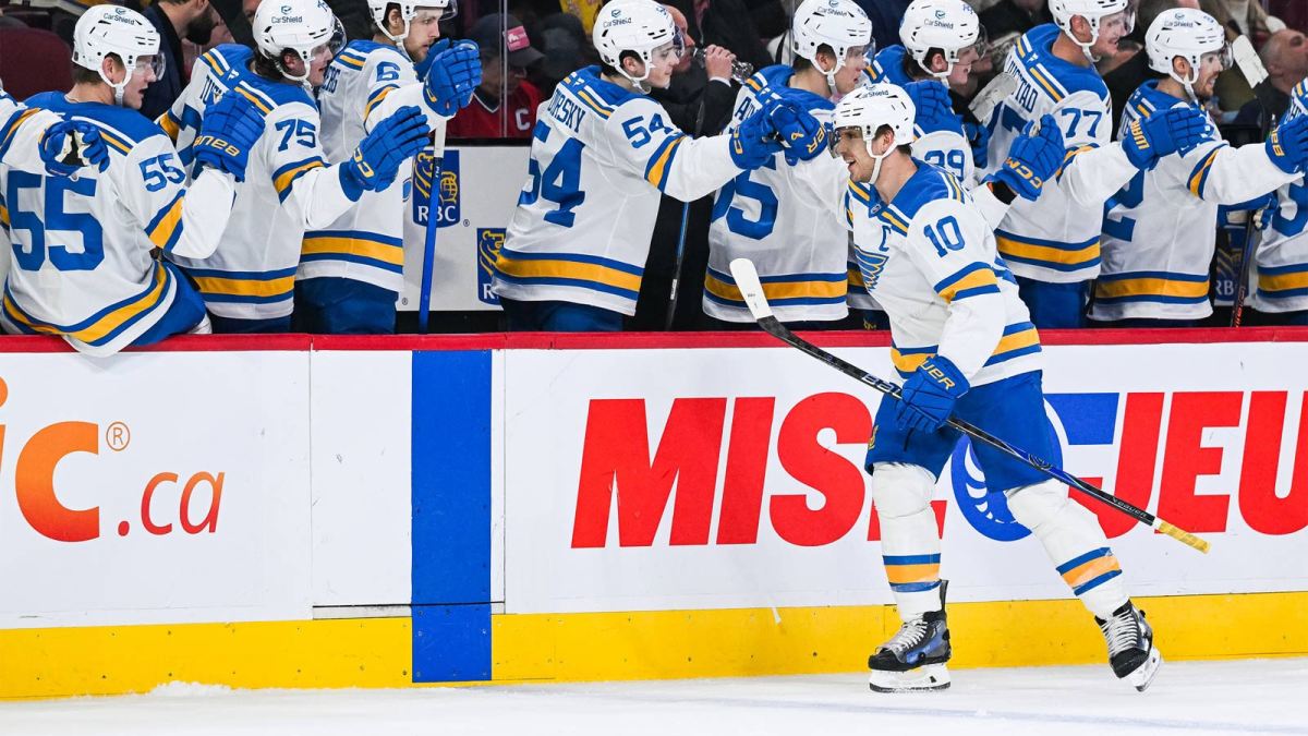 St. Louis Blues center Brayden Schenn (10) celebrates with his teammates at the bench his goal against the Montreal Canadiens during the third period at Bell Centre.