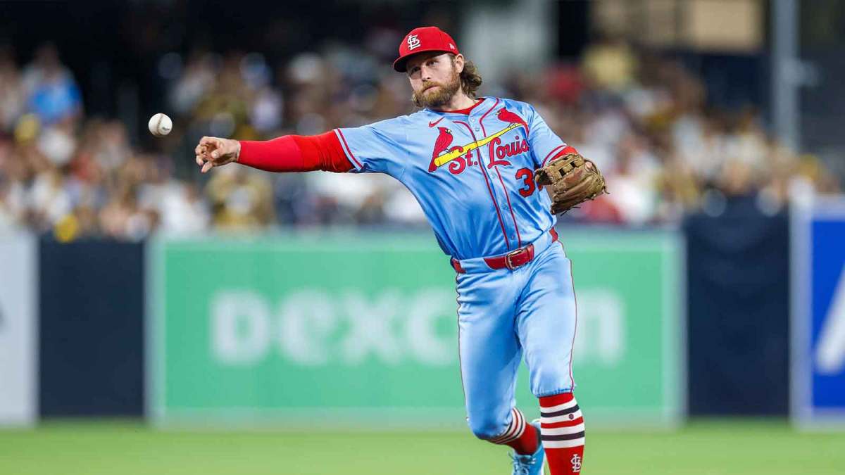 St. Louis Cardinals second baseman Brendan Donovan (33) throws to first base for an out during the eighth inning against the San Diego Padres at Petco Park.
