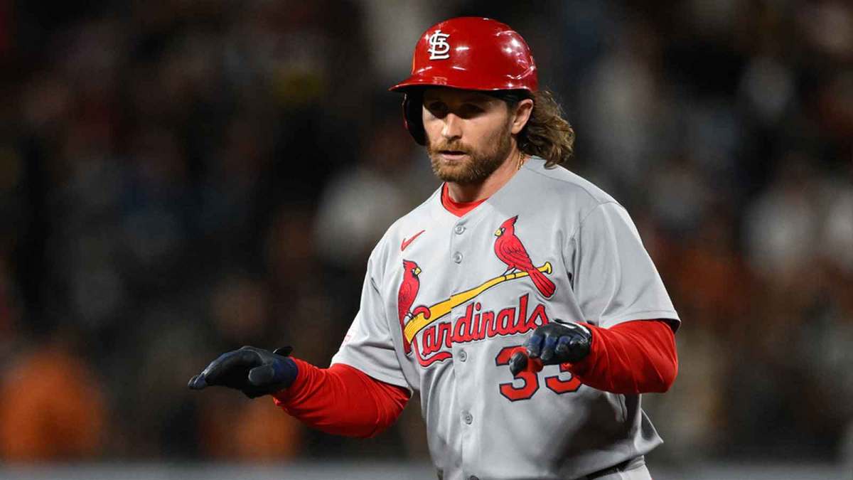 St. Louis Cardinals second baseman Brendan Donovan (33) celebrates his double against the San Francisco Giants during the fifth inning at Oracle Park.
