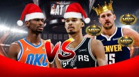 Shai Gilgeous-Alexander, Victor Wembanyama, and Nikola Jokic in Christmas hats