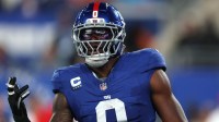 New York Giants linebacker Brian Burns (0) reacts in the second quarter against the Kansas City Chiefs at MetLife Stadium.