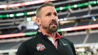 Ohio State Buckeyes offensive coordinator Brian Hartline speaks during the Cotton Bowl Media Day at AT&T Stadium in Dallas prior to the College Football Playoff matchup against the Miami Hurricanes on Dec. 29, 2025.